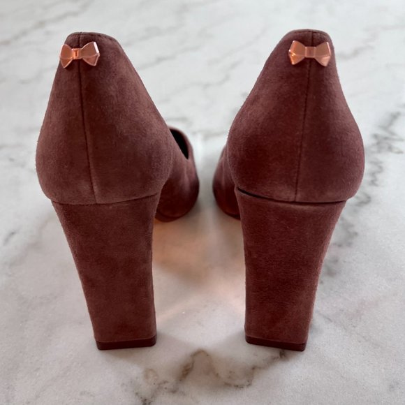 TED BAKER Bubeli Brown Suede Leather Pointed Toe Wide Heel Pumps 37.5 NEW - Picture 3 of 6